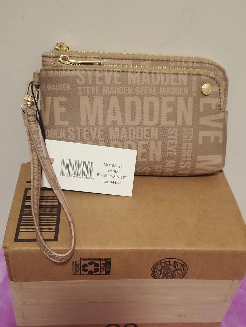Steve Madden Sand Logo Wristlet with Gold Accents